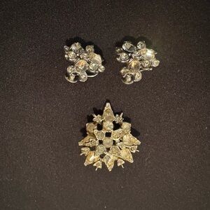 Vintage 3 Piece Set Rhinestone Earrings and Broach